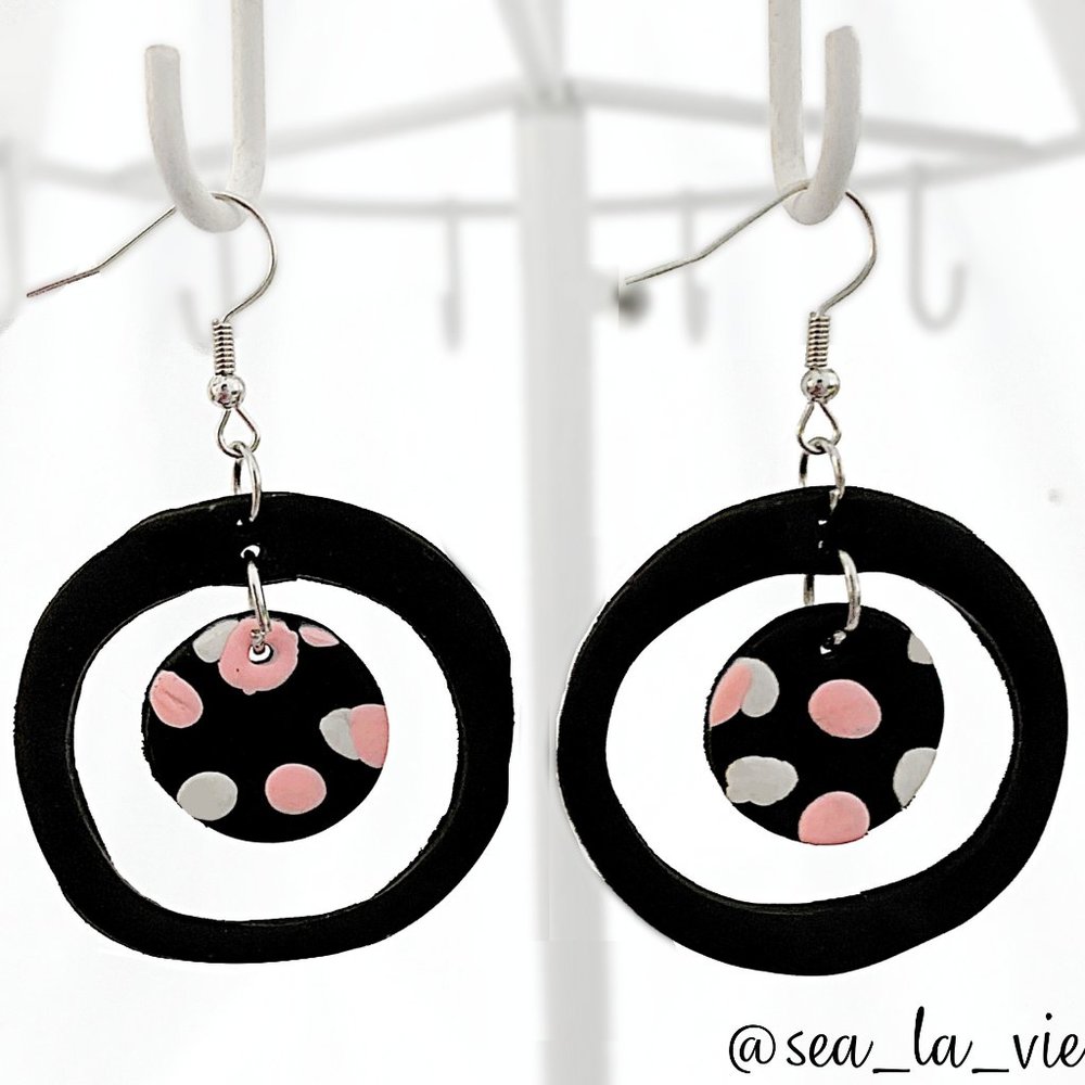 Polka Dot Hollow-Out Round Polymer Clay Dangle Drop Earrings - Picture 1 of 6